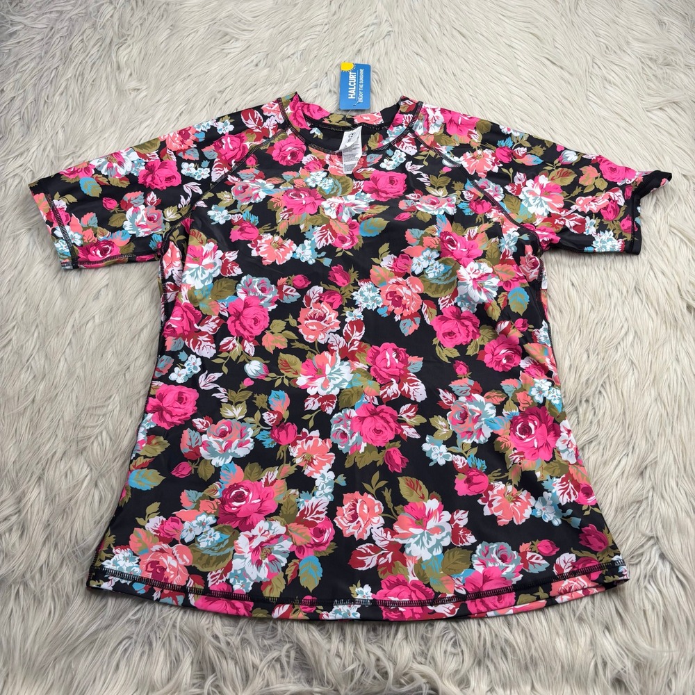 NWT Halcurt Women's M Pink Black Floral SS Swim Shirt UPF 50+ Beach Travel